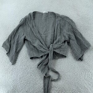 Handloom Cropped Wrap Shirt Women's Small/Medium Gray Tie Front Gauze Boho Soft